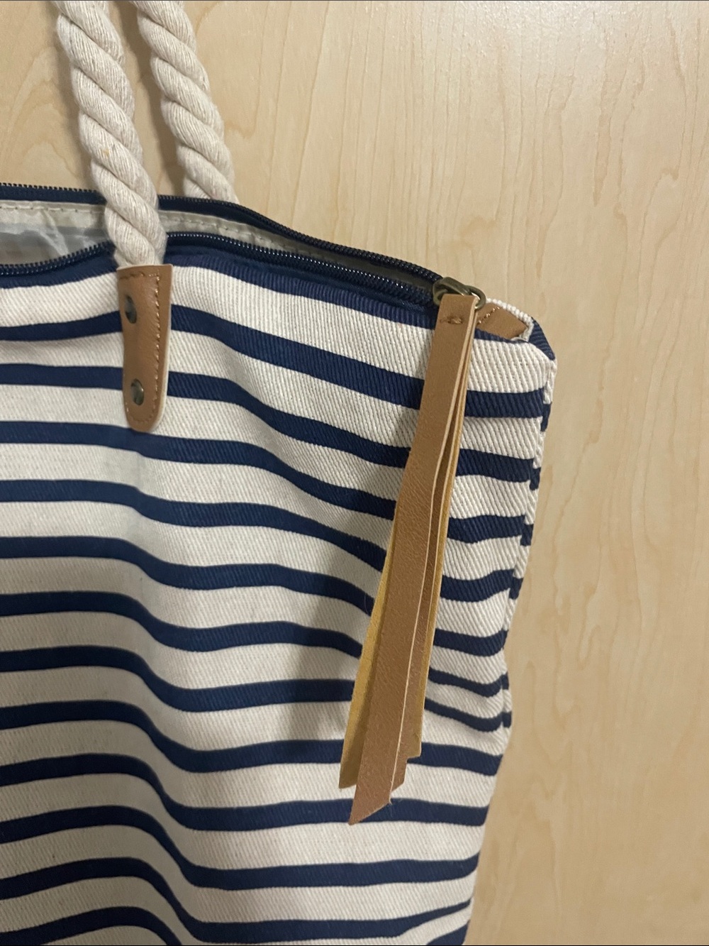 summer & rose Navy and Cream Striped Rope-Handle Beach Tote - Picture 3 of 11